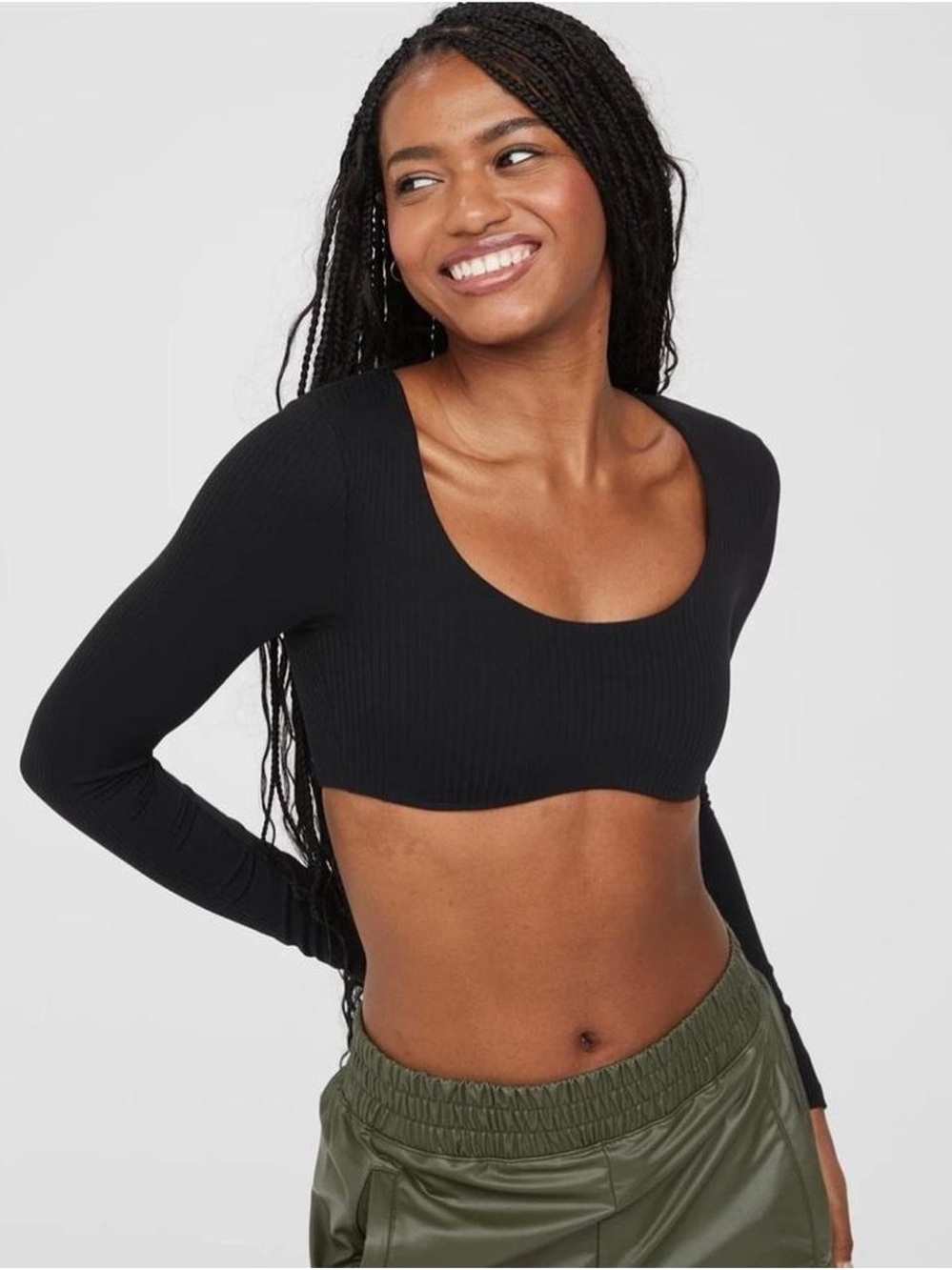 Aerie Offline Black Ribbed Long-Sleeve Crop Top